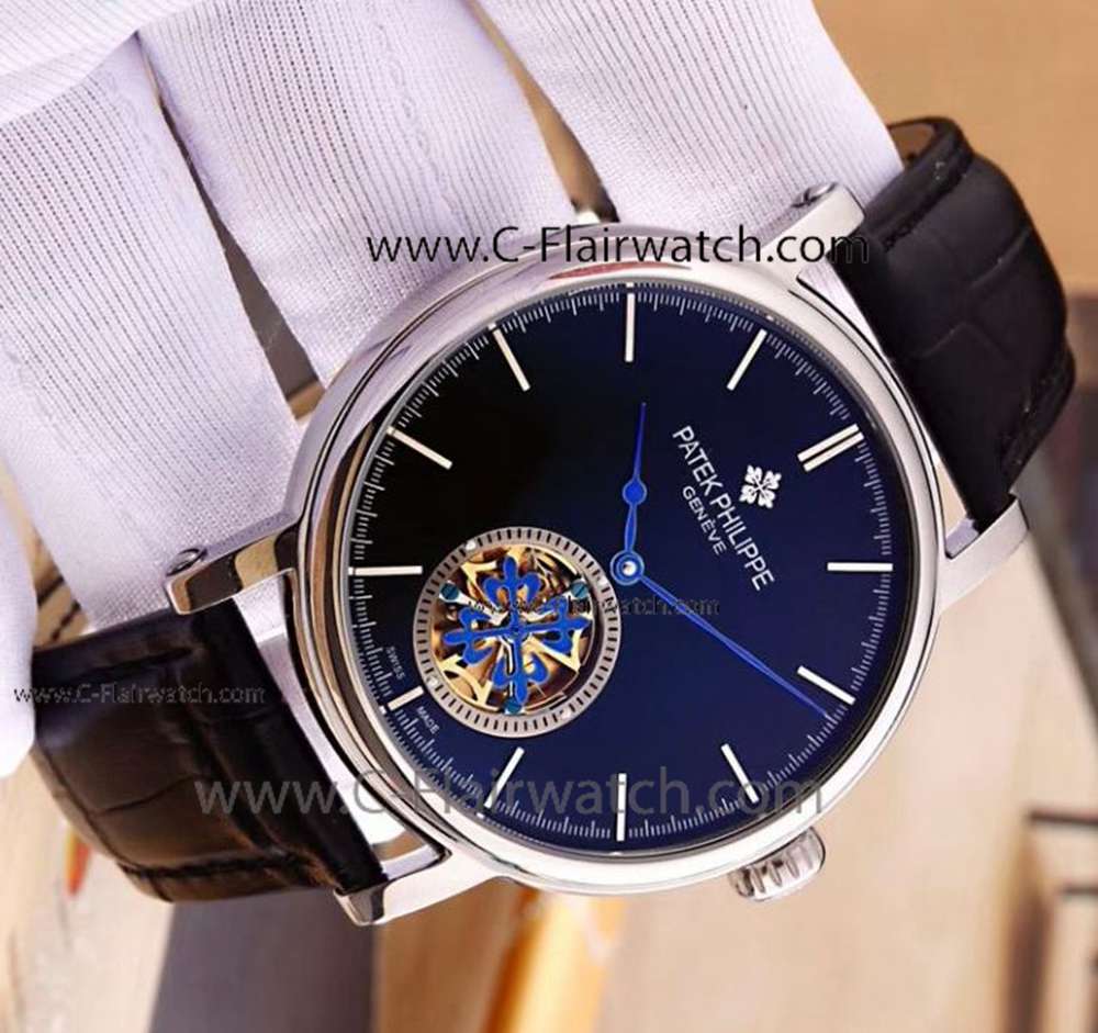 Fake Patek Philippe Flying Tourbillon Watch SS Black 44mm